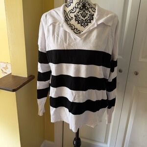 Joseph Black and White Striped V-Neck Sweater